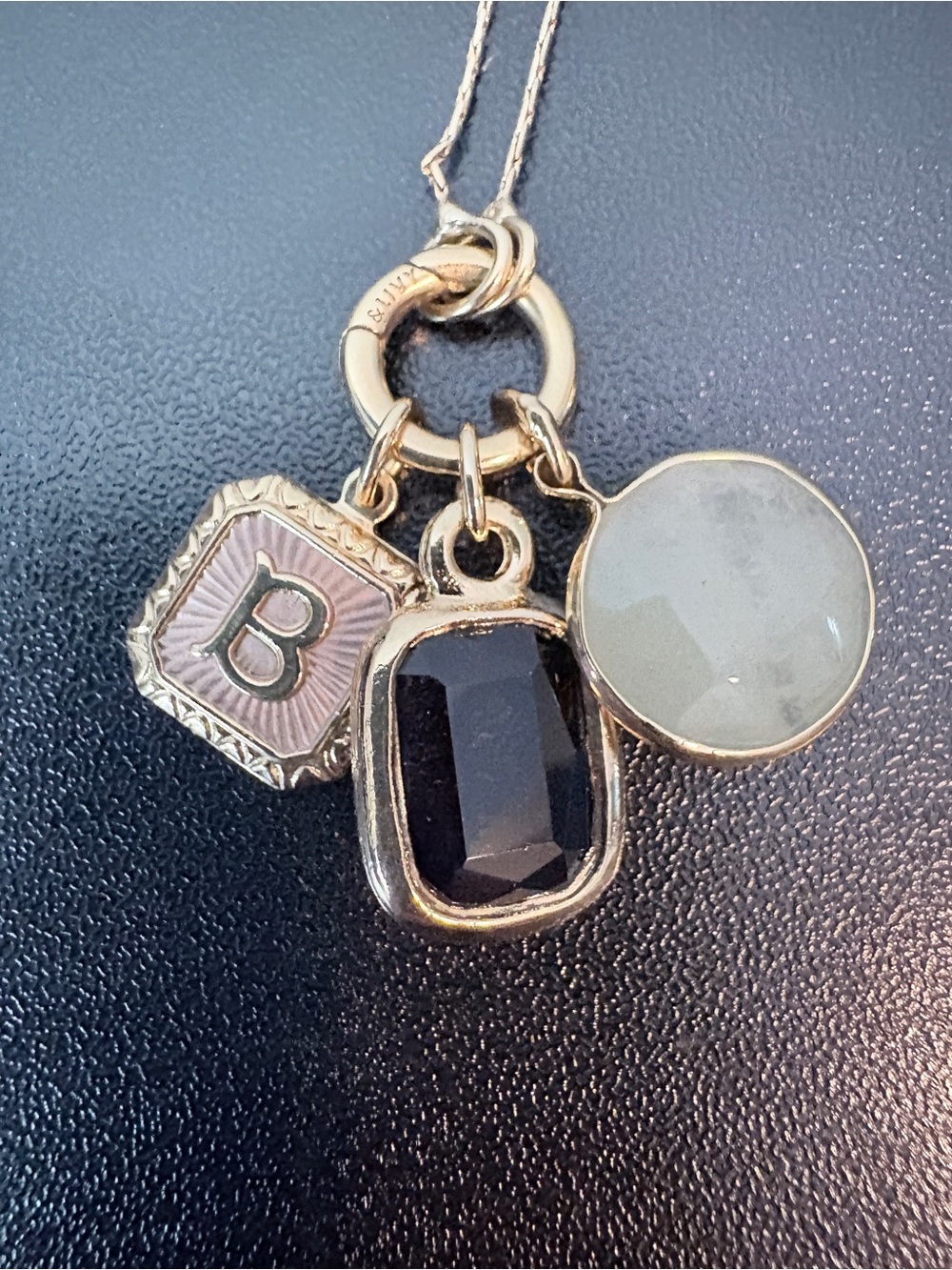 Gold Charm Necklace with  Purple and light green Gemstone Pendants - B Initial